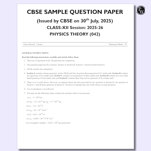 Image of PW CBSE Class 12 Sample Papers Physics-for 2025 - 2026 Board Exam | 15 New-Pattern Papers per Subject + 111 most probable question | Solved & Unsolved