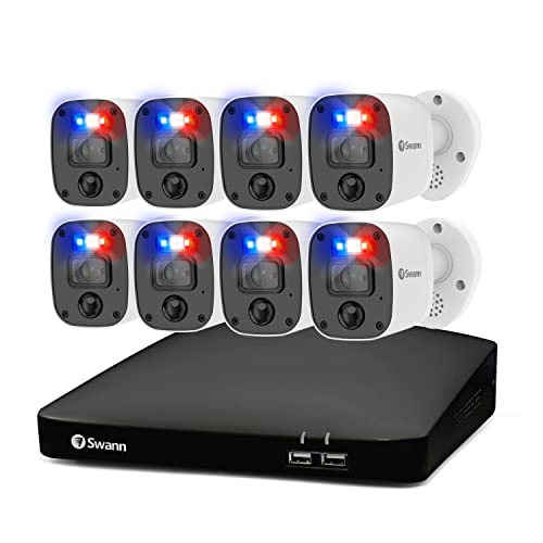 Swann Security Camera System DVR Bullet Enforcer with 2TB HDD, 8 Channel 8 Cam, 4K UHD Indoor Outdoor Wired Surveillance Cameras, Color Night Vision, Heat Motion Detection, LEDs, Sirens and Mic Swann Security Camera System DVR Bullet Enforcer with 2TB HDD, 8 Channel 8 Cam, 4K UHD Indoor Outdoor Wired Surveillance Cameras, Color Night Vision, Heat Motion Detection, LEDs, Sirens and Mic