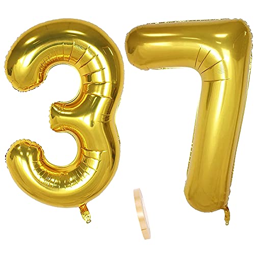 2 Ballons Numéro 37, Ballon 37 Ans Anniversaire Or XXXL 100cm Gold Géant Ballon Figurines Gonflable Hélium Feuille Chiffres Deco Pour Femme Homme La Décoration De Fête Mariage D'anniversaire Cover
