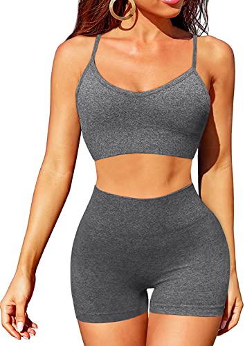 OLCHEE Womenâ€™s Workout Set 2 Piece Tracksuit - Seamless High Waist Shorts Leggings and Sports Bra Yoga Outfits - Grey Size M