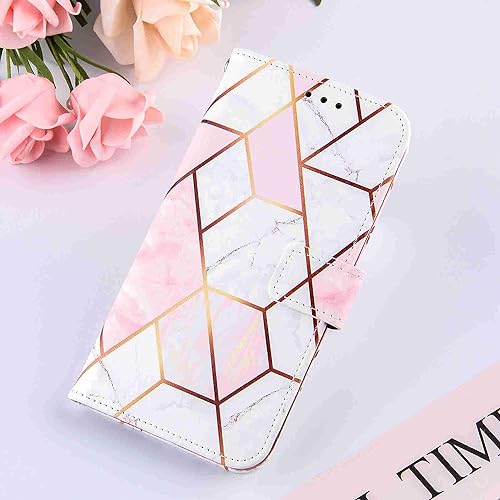 Image of ClickCase Marble Series Faux Leather Back Case Card Holder Wallet with Magnetic Closure Flip Cover for iPhone 15 Plus (Pink White)
