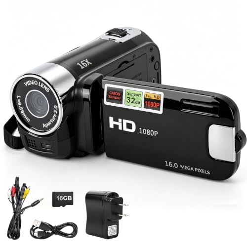 Camcorder Video Camera with 16GB SD Card 1080P Mini DV Camcorder 16MP 2.7 Rotating Screen 16X Digital Zoom Built-in LED Fill Light USB Digital Video Camera for Beginners Kids Travel Vlogging