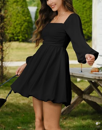 HYPERFIRE Women's Square Neck Pleated Long Sleeve Mini Dress Smocked A Lind Bubble Wedding Dresses3