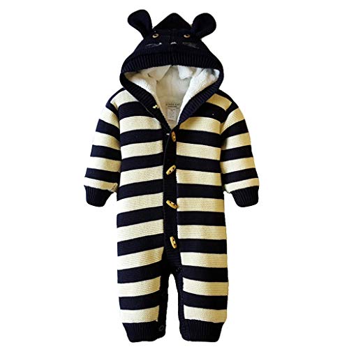 Waymine Baby Boys Hooded Cardigan Jacket Long Sleeve Striped Knitted Sweater Toddler Winter Warm Romper Outerwear Navy