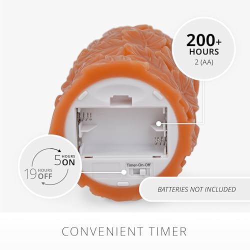 Image of Luminara Flameless Marmalade Embossed Leaves 3.5 inch x 6.5 inch Pillar, Battery Operated & Timer Function, Fall Decorations Indoor Candle Moving Flickering Flame LED Light, Remote Ready (Sold Separately)