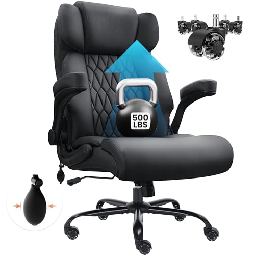 500lbs Big and Tall Office Chair Adjustable Lumbar Support for Back Pain, Extra Wide Seat Executive Office Chair Thick Armrest Pad, Heavy Duty Base&Upgraded Wheels, Ergonomic Desk Chair