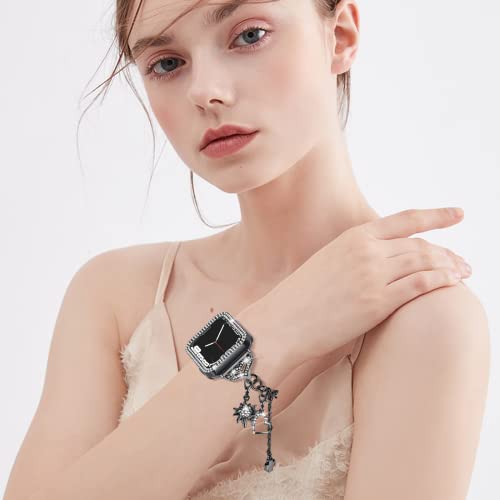 JOYOZY Band Compatible with Apple Watch 38mm 40mm 41mm 42mm 44mm 45mm 46mm, Bling Strap with Glitter Case Built-in Screen Protector, Interchangeable Charms Dressy Bracelet for Women