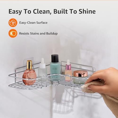 Image of Amazon Basics Self-Adhesive Corner Shelf | No-Drill, Wall-Mounted Organizer for Bathroom, Kitchen & Living Room - Premium Rust Proof GI Metal, 27 x 27 x 6 cm, Chrome, Pack of 2