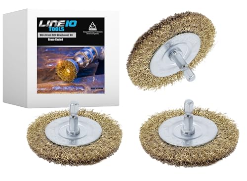 Image of LINE10 Tools 3pk 4-Inch Large Wire Wheel Brush Drill Impact Driver Attachment Circular Round Brass Coated Steel Grill Cleaning Heavy Duty Scrubbing Paint Rust Removal Deburring Metal 1 /4 inch Hex Shank