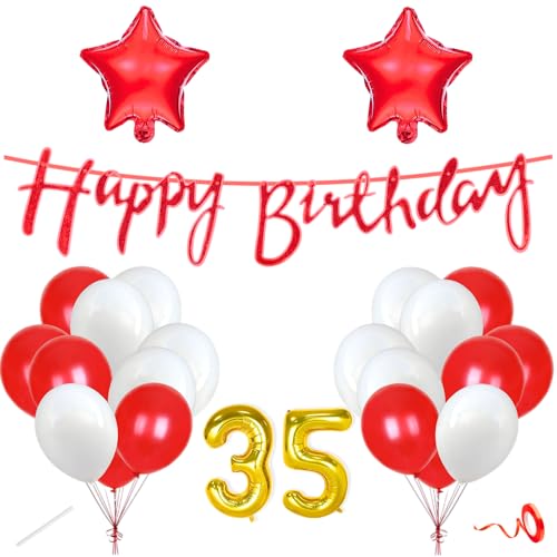 Image of Flyloons 35th Happy Birthday Decoration Kit Red White for Boys Girls Men Women Adults With 20 Pcs Metallic Balloons Birthday Banner 2 Pcs Star Items Set