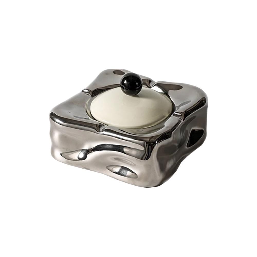 Indoor Decorative Ceramic with Lids Cigarettes Accessories Outdoor Portable Ashtrays for Home Office for Desktop(Silver)