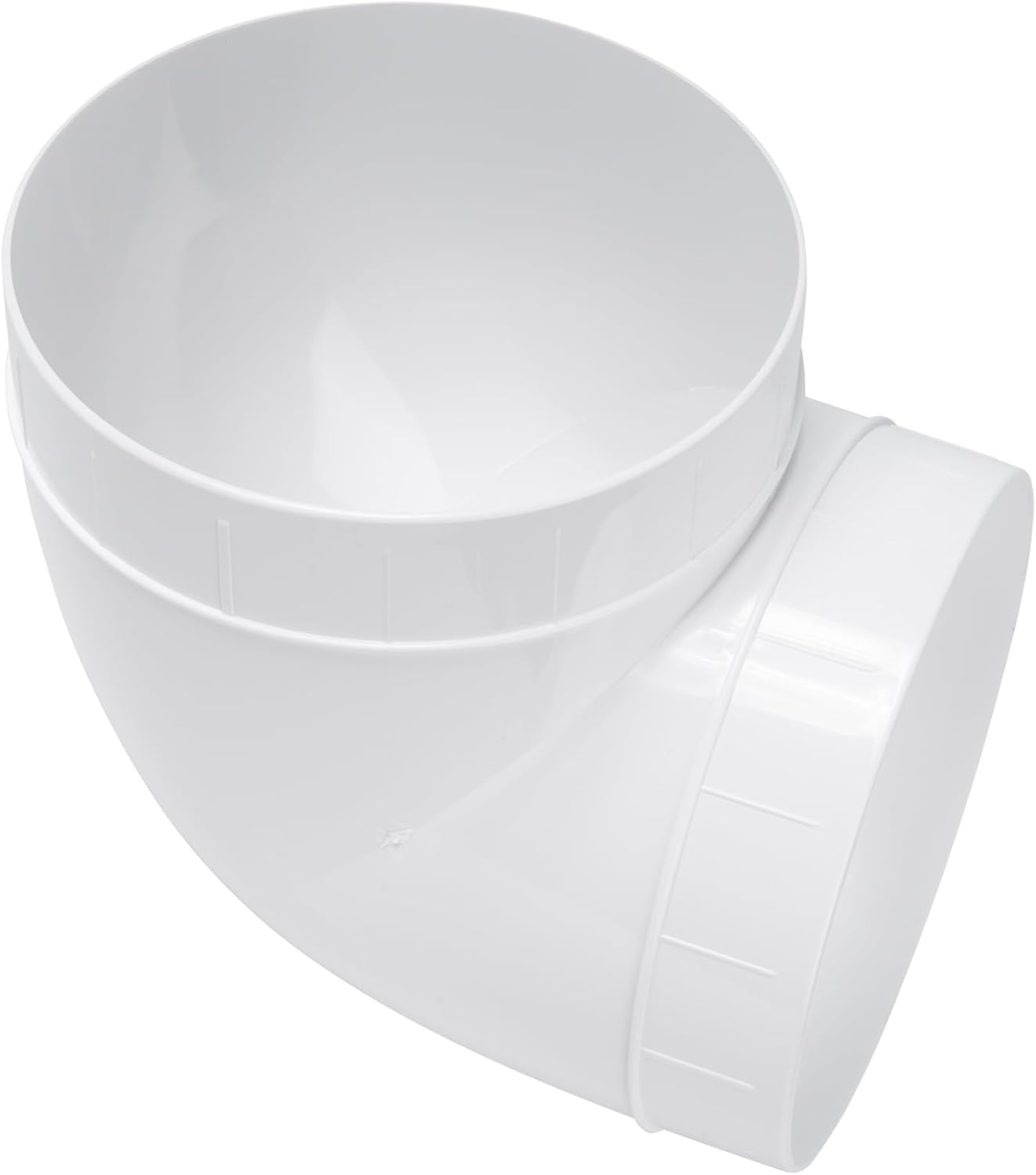 4-Inch White Plastic 90-Degree Elbow Duct Fitting for Round HVAC Pipes - Push-fit Airflow Connector, Ideal for Efficient Ventilation Systems in Residential, Commercial Applications.