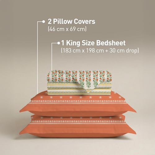 Image of MYTRIDENT Soft Comfort Bedsheet for Double Bed King Size | 182 cm x 198 cm + 30 cm | 200 TC, Sateen Weave, 100% Cotton, Elastic fittedsheet with 2 Pillow Covers and Breathable - Art Age