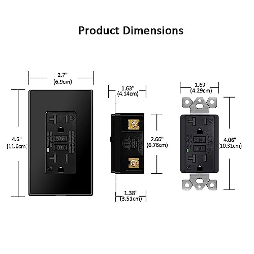 Black 20 Amp Gfci Outlet,Nineleaf Gfi Dual Receptacle 20A Black,Tr Tamper Resistant And Wr Weather Resistant,Ground Fault Circuit Interrupters,Wall Plate Included,Etl Listed, 2 Pack Black #TOP3