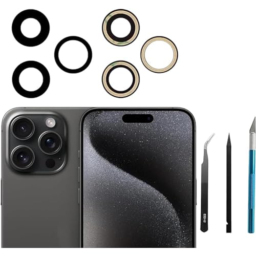 3pcs/Set Camera Lens Replacement for iPhone 15 Pro Max 6.7 inch Camera Lens Rear Glass Replacement with Pre-Installed Adhesive + Repair Tool Kit, Anti-Lens Scratch & Waterproof