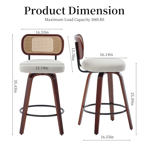 Image of Counter Height Bar Stools Set of 2, 26 inch Swivel Bar Chairs with Curved Rattan Back, Linen Upholstered Seat, Walnut Craftsmanship, Mid Century Modern Counter Stools for Kitchen Counter, Beige