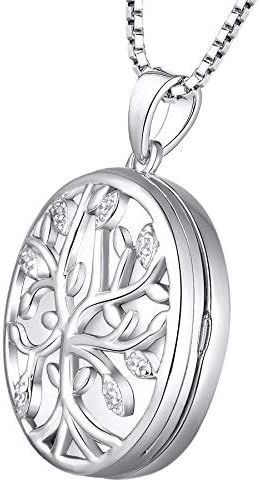 JO WISDOM Women Photo Locket Necklace,925 Sterling Silver Tree of Life Pendant Necklace with 3A Cubic Zirconia Jewelry for Women