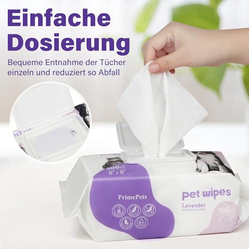 PrimePets Feuchttücher Hund 100 Stück, Pflegetücher Hund 20 x 20 cm, Lavendelduft, Katzen Feuchttücher zur Reinigung von Haut, Ohren, Augen, Po und Zähne