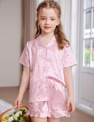 Image of Arshiner Girls Pajamas Silk Satin Pajama Set Button Pjs Ruffle Sleepwear | 2 Piece Nightwear, Silky Soft Lounge for Little & Big Kids, Ideal for Sleeping and Sleepover Party