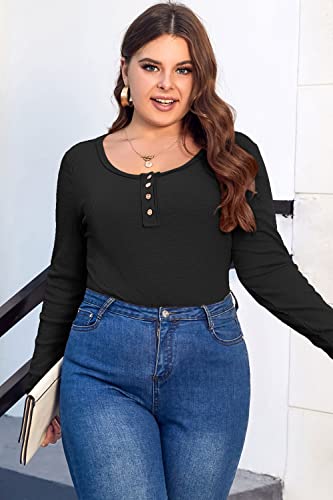 Women’s Plus Size Henley T Shirts Long Sleeve Button Down Tunic Blouse Loose Fit Tops Scoop Neck Ribbed Knit Shirts2