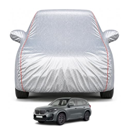 Image of Premium Car Cover for BMW X1 | 100% Waterproof, UV & Dustproof Protection | Soft Inner Lining, Mirror & Antenna Pockets | Triple Stitched, Belt & Buckle | Metallic Silver