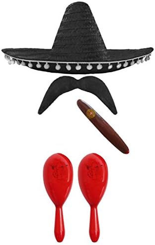 MEXICAN FANCY DRESS ACCESSORY SET. MEXICAN SOMBRERO + MARACAS + TASH. PERFECT FOR MEXICAN FANCY DRESS COSTUMES SENORITA BANDIT MARIACHI (BLACK POM POM SOMBRERO + GREEN AND RED MARACAS)