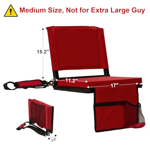 Image of Stadium Seats with Back Support for Bleachers, Folding Bleacher Chairs with Back and Cushion, Padded Seat with Shoulder Strap, Large Mesh Pocket & Carry Handle, Red, 2pcs