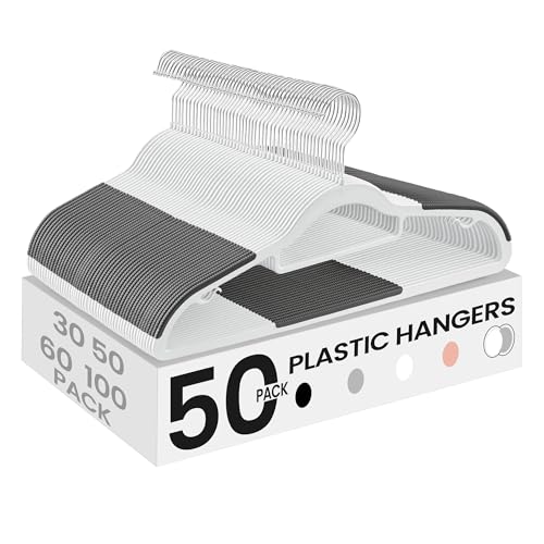 SONGMICS 50 Pack Coat Hangers, Heavy-Duty Plastic Hangers with Non-Slip Design, Space-Saving Clothes Hangers, 0.2” Thickness, 360° Swivel Hook, 16.5” Long, White and Gray UCRP020W02