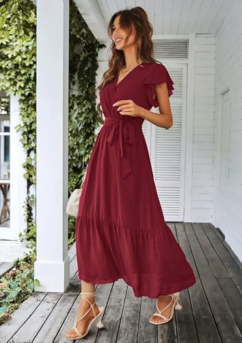 Image of PRETTYGARDEN Women's Summer Floral Boho Maxi Dress | Short Sleeve Wrap V Neck, Long Flowy Ruffle Dresses, Spring Wedding Guest Outfits for Beach Vacation, Resort Wear, Tea Party