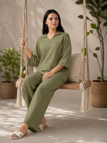 Image of Women's Co Ord Set for Women - Relaxed Fit Collared Top with 3 /4 Sleeves & Wide Leg Palazzo Pants, Casual Lounge Wear Matching Outfit for Daily Wear, Travel & Office