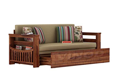 Image of Solid Wooden Sheesham Wood 3-Person Sofa Cums Bed With Storagefor Home Furniture|Without Pillow With|Living Room|(Teak Finish,Brown)