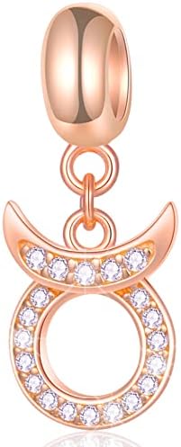 GLOWDAS Zodiac Sign Charms fit European Charm Bracelet  Rose Gold 925 Sterling Silver Necklace Pendant, 12 Horoscope Constellation Dangle CZ Beads, Birthday Gifts for Women/Men