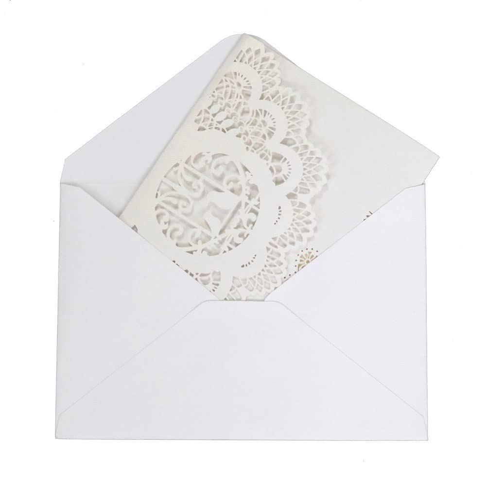 Delikatna romantyczna karta z zaproszeniem na przy 5x7,3 cala, 50 sztuk, biały, wycinany laserowo, wytłoczony wzór kwiatowy w poziomej kieszeni(White,Blank)