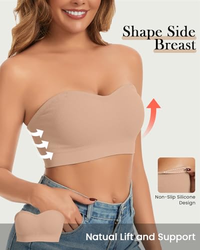 Image of WOWENY Strapless Bras for Women Bandeau Bra Wireless Non-Slip Silicone Seamless Padded Tube Top Bra