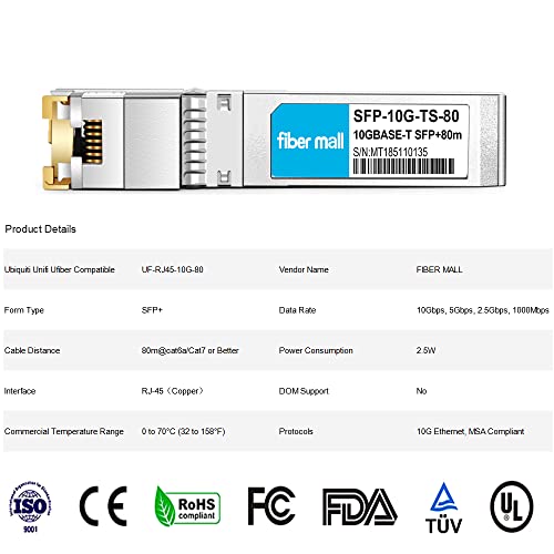 Image of Fiber Mall 10GBASE-T SFP+ 80m Module Transceiver Copper RJ-45 Cat6a /7 Mini-GBIC for Ubiquiti Unifi Ufiber UF-RJ45-10G-80, Netgear AXM76510G, 10Gigabit Ethernet, White, ON-OFF-ON Switch