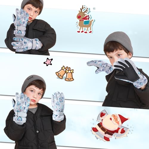 Image of TRIWONDER Kids Mittens Winter Waterproof Ski Mittens Children's Fleece Snow Gloves Thicken Thermal Mitts Cartoon Skiing Gloves for Boys Girls (Blue, L)