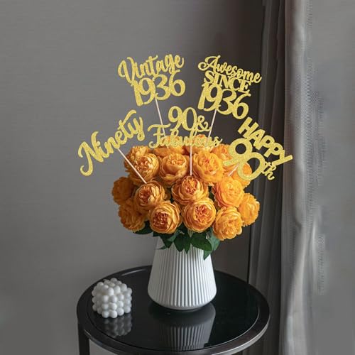 Image of 15 PCS 90th Birthday Centerpiece Sticks Double Sided Ninety Happy 90th Vintage 1936 Table Flower Centerpieces Sticks Cheers to 90 Fabulous Floral Decorations for 90th Birthday Party Supplies Gold