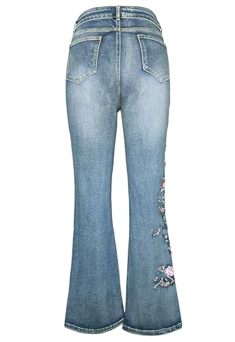 ebossy Women's Embroidery Floral Boot Cut Jeans Retro High Waist Slim Horseshoe Denim Pants2