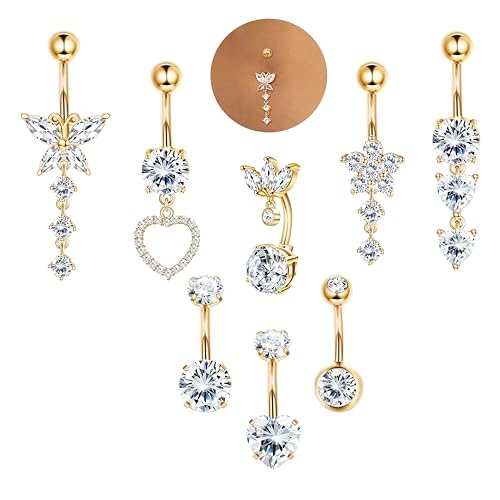 ORAZIO 8 Pcs Or Piercing Nombril Acier Chirurgical Femme 10MM Percing Au Nombril Zircon Coeur Papillon Piercing Nombril Anneau Femme
