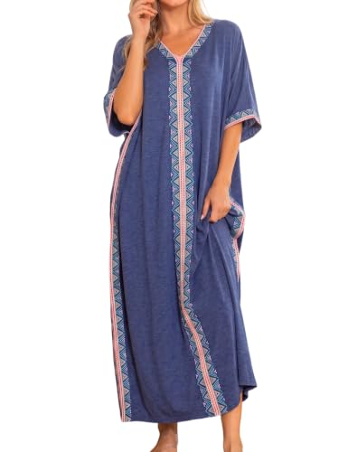 Image of Bloggerlove Women Nightgowns Cotton Caftan House Dress Short Sleeve Sleepwear Vacation Beach Moo Moos Dress with Pockets