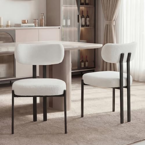 chairus Kunstfell Esszimmerstühle 2er Set Wohnzimmer Modern Armlose Akzentstühle Küchenstühle mit Schwarzen Metallbeinen (Weiß)
