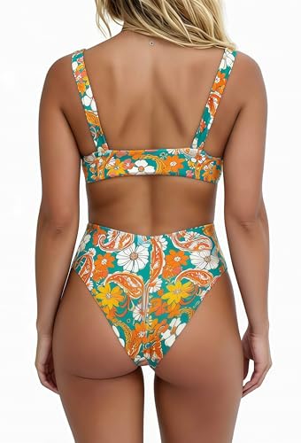 Image of geluboao Bikini Set for Women Solid V Neck Knot Front Push Up High Leg Thong Two Piece Swimsuit