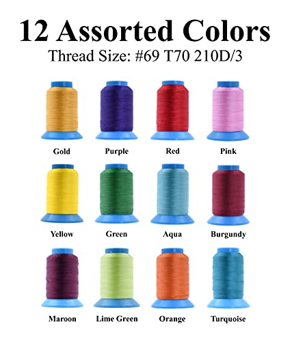 Mandala Crafts Tex 70 Bonded Nylon Thread For Sewing - 3600 Yds T70 Heavy Duty 12 Assorted Vibrant Colors Nylon Thread Size 69 210 D Upholstery Thread For Leather Jeans Weaving #TOP1