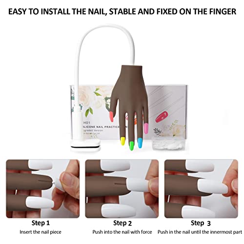 Practice Hand For Acrylic Nails, Upgrade Silicone Nail Hand Practice Nails Never Fall Off, Moveable Flexible False Fake Hands Manicure Practice Hands With Clear Nail Tips, Coffee Color #TOP5