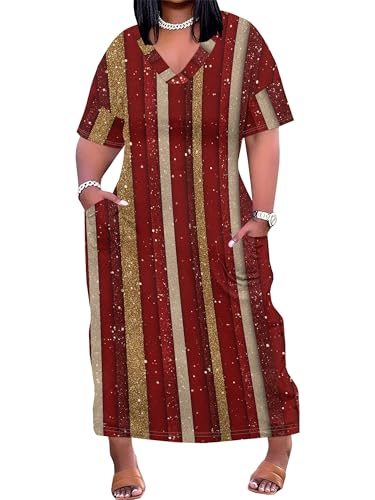Image of PinkPatty Women's Plus Size Short Sleeve Maxi Dress Casual Loose V Neck Long Dress with Pockets | Boho floral wrap maxi dress with belt for vacations, weddings, parties, church, dinners, and everyday elegant wear