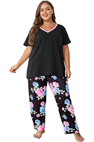 Image of Vozanet Women's Pajama Sets Short Sleeve with Long Pant Soft Sleepwear Printed pj Loungewear With TWO Pockets Size 1X to 5X