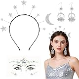 Diadema de Luna y Estrella Plateada, Diadema Carnaval Mujer, Accesorio Brillante para el Cabello, para Halloween y Mascaradas (Conjunto de 3 Piezas)
