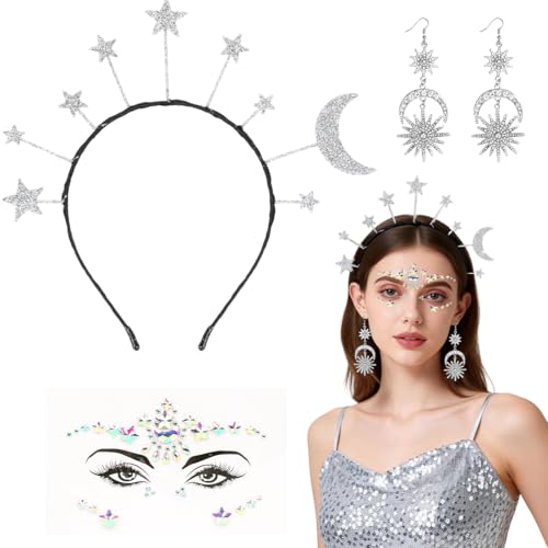 Diadema de Luna y Estrella Plateada, Diadema Carnaval Mujer, Accesorio Brillante para el Cabello, para Halloween y Mascaradas (Conjunto de 3 Piezas)