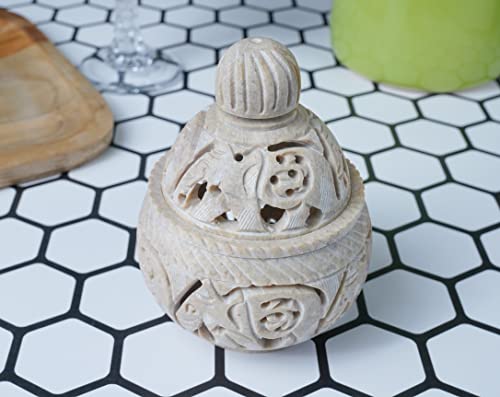 Crocon Soapstone Tea Light Holder For Home Living Room Decor Handmade Floral Elephant Tealight Stand With Lid Vintage Hand Crafted Stone Candle Holders Table Decoration Best Gift Size : 3X3 Inch #TOP1