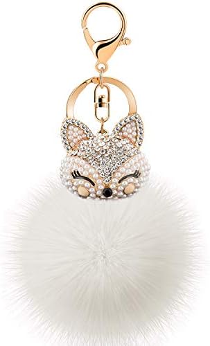 JOUDOO Rabbit Ball Keychain with Rhinestone Fox Head Keyring GJ-001 (White 2)